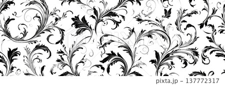 Seamless black filigree floral scroll pattern design. Seamless black artistic filigree scroll pattern creating a decorative background Seamless black filigree floral scroll pattern design. Seamless black artistic filigree scroll pattern creating a decorative background 137772317