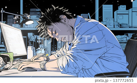 夜遅くまで残業するビジネスマン｜疲れた表情でパソコン作業をする会社員のビジネスイメージ