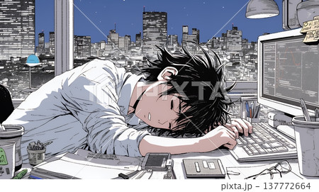 夜遅くまで残業するビジネスマン｜疲れた表情でパソコン作業をする会社員のビジネスイメージ