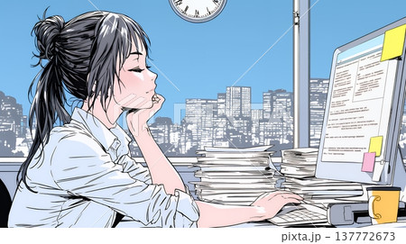 夜遅くまで残業するビジネスマン｜疲れた表情でパソコン作業をする会社員のビジネスイメージ