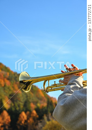 晴れた日の青空とトランペット 137772721