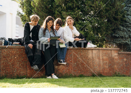 Together outdoors. Group of students are near university Together outdoors. Group of students are near university 137772745