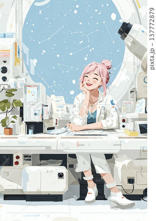 絵美シリーズ：研究室で微笑むピンク髪の若い女性 絵美シリーズのイラスト素材 137772879