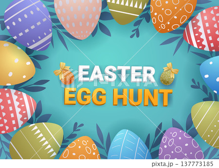 Easter eggs colorful hunt festive border decorated patterned oval shapes blue background leaves holiday celebration template Easter eggs colorful hunt festive border decorated patterned oval shapes blue background leaves holiday celebration template 137773185