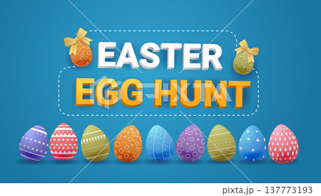 Easter egg hunt colorful decorated eggs blue background festive holiday celebration banner template Easter egg hunt colorful decorated eggs blue background festive holiday celebration banner template 137773193