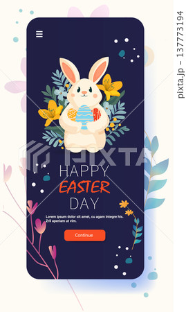 Easter bunny holding decorated eggs floral background pastel colors mobile app screen festive holiday celebration template 137773194