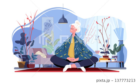 Senior woman meditation mindfulness relaxation indoor plants peaceful living room cozy home decor modern interior Senior woman meditation mindfulness relaxation indoor plants peaceful living room cozy home decor modern interior 137773213