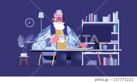 Senior man working at computer home office modern workspace bookshelves indoor plant lamp clock coffee cup creative desk Senior man working at computer home office modern workspace bookshelves indoor plant lamp clock coffee cup creative desk 137773222