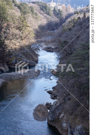 那須塩原・鬼怒川の渓流と温泉街を望む早春の風景 137773667