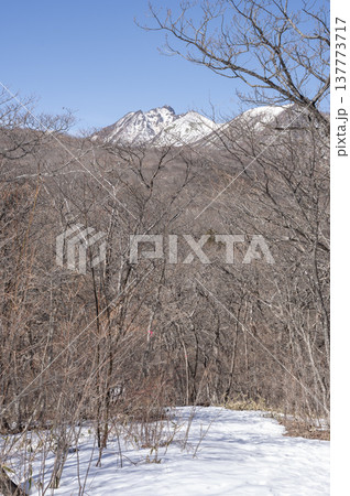 雪残る登山道から望む那須連山・朝日岳の冬景色(栃木県那須町) 雪残る登山道から望む那須連山・朝日岳の冬景色(栃木県那須町) 137773717