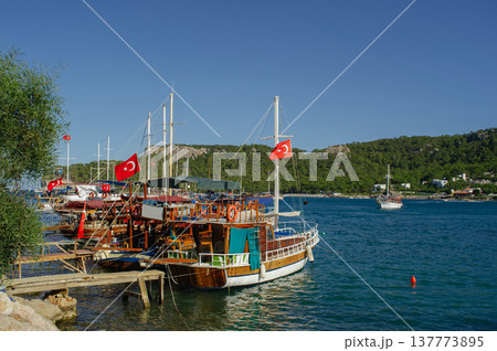 A wide horizontal shot of traditional wooden gulet-style excursion boats moored at a pier in a bright blue bay, with the Turkish national flag flying and green mountains in the background. A wide horizontal shot of traditional wooden gulet-style excursion boats moored at a pier in a bright blue bay, with the Turkish national flag flying and green mountains in the background. 137773895