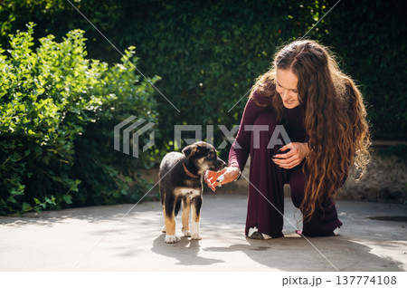 Sitting and playing. Woman is with cute dog outdoors Sitting and playing. Woman is with cute dog outdoors 137774108