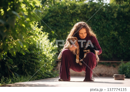 Woman is with dogs outdoors 137774135