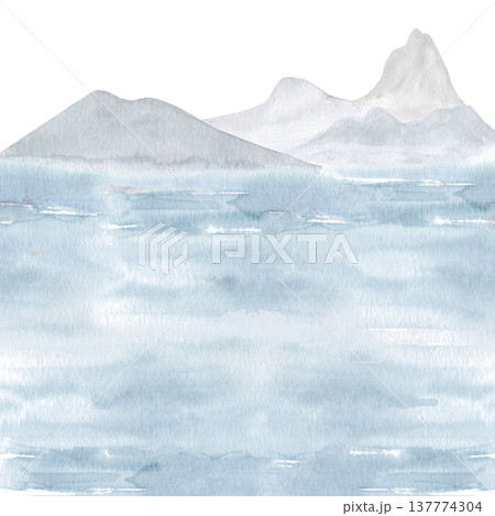 Soft watercolor landscape background with misty mountains, calm water surface. Minimal Asian style nature scene in blue tones for wallpaper, banner, design background, oriental aesthetic. Hand painted Soft watercolor landscape background with misty mountains, calm water surface. Minimal Asian style nature scene in blue tones for wallpaper, banner, design background, oriental aesthetic. Hand painted 137774304