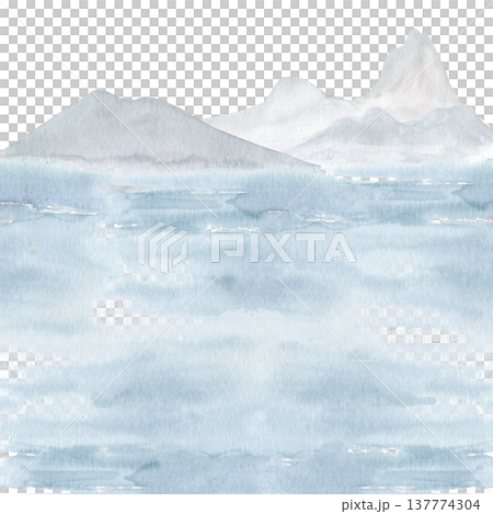 Soft watercolor landscape background with misty mountains, calm water surface. Minimal Asian style nature scene in blue tones for wallpaper, banner, design background, oriental aesthetic. Hand painted Soft watercolor landscape background with misty mountains, calm water surface. Minimal Asian style nature scene in blue tones for wallpaper, banner, design background, oriental aesthetic. Hand painted 137774304