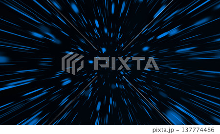 Futuristic blue motion tunnel with fast radial streaks, deep perspective and high speed sci fi travel effect on dark background in sharp 4K style. 137774486