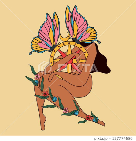 Spiritual Woman with Butterfly Wings and Compass Illustration 137774686