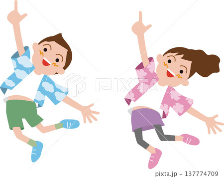 日本の小学生の男の子と女の子。笑顔でジャンプしてるイラスト。 日本の小学生の男の子と女の子。笑顔でジャンプしてるイラスト。 137774709