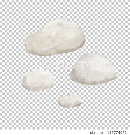 Watercolor zen stones set isolated on white background. Hand painted spa pebbles collection natural rock shapes for meditation, wellness, garden decor, landscape design, oriental style illustration 137774971