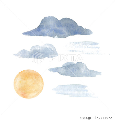 Watercolor clouds and sun set isolated on white background. Hand painted sky elements collection with blue clouds and yellow sun for weather design, nursery decor, pattern and landscape illustration 137774972