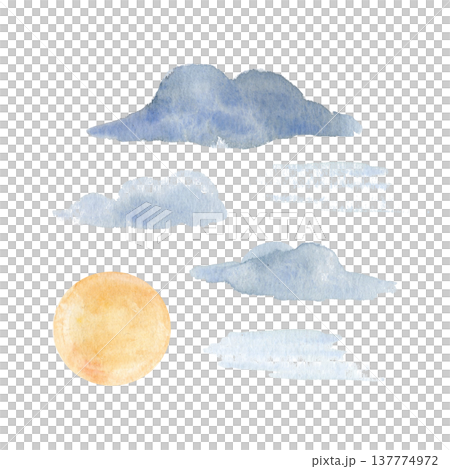 Watercolor clouds and sun set isolated on white background. Hand painted sky elements collection with blue clouds and yellow sun for weather design, nursery decor, pattern and landscape illustration 137774972