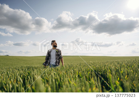 Rural non-urban scene, country business. Man farmer is on the agricultural field Rural non-urban scene, country business. Man farmer is on the agricultural field 137775023