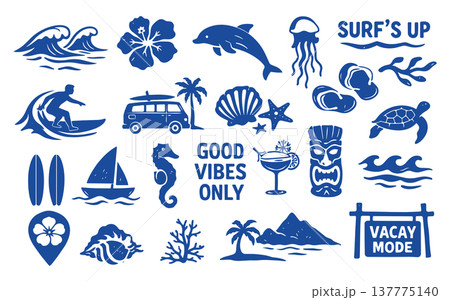 Surf surfboard wave with beach hawaii icon for summer hawaiian hand. Element stamp bali with surf waves tropical for vintage palm sea. Doodle illustration surf with turtle beach flower Surf surfboard wave with beach hawaii icon for summer hawaiian hand. Element stamp bali with surf waves tropical for vintage palm sea. Doodle illustration surf with turtle beach flower 137775140