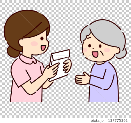 Medical staff handing over a medicine bag to an elderly woman 137775391