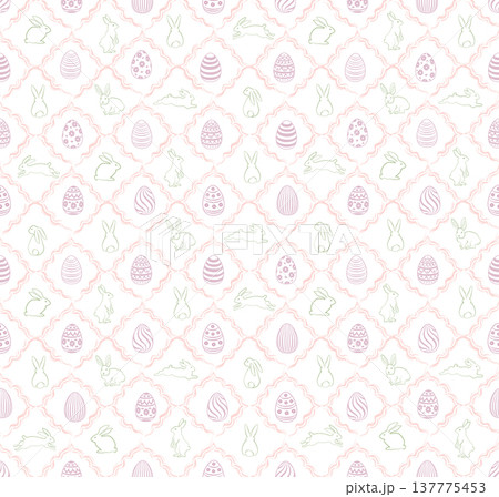 Easter holiday pattern with gifts eggs, and bunny. Happy easter seamless spring texture Easter holiday pattern with gifts eggs, and bunny. Happy easter seamless spring texture 137775453