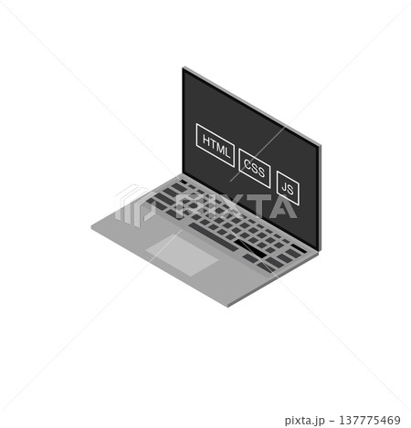 Grey isometric laptop 3D illustration with web development programming icons on dark screen 137775469