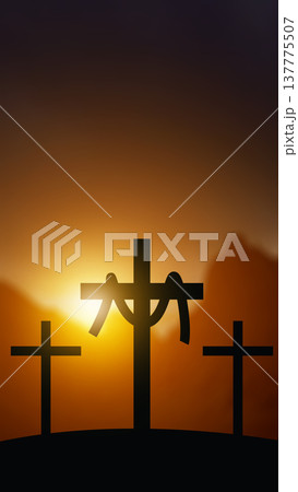 A dramatic silhouette of three crosses on a hill against a glowing sunset. The central cross features a draped cloth, representing the resurrection and Easter story 137775507