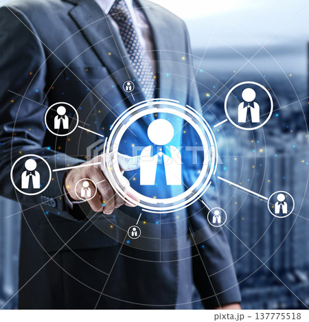 Businessman's hand interacts with a glowing digital interface showing human resources icons, representing recruitment, leadership, and team management in a futuristic corporate environment Businessman's hand interacts with a glowing digital interface showing human resources icons, representing recruitment, leadership, and team management in a futuristic corporate environment 137775518
