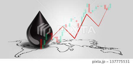 3D illustration of a large black oil droplet on a stylized world map background with an overlay of financial candlestick charts and a rising red trend line. Represents global energy prices 3D illustration of a large black oil droplet on a stylized world map background with an overlay of financial candlestick charts and a rising red trend line. Represents global energy prices 137775531