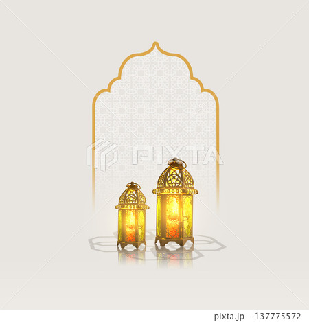A minimalist Ramadan Kareem background featuring two beautifully lit 3D Arabic lanterns and a decorative gold arch with geometric patterns. Perfect for Islamic holiday greetings 137775572