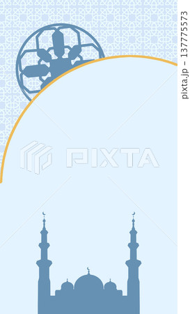 Elegant vertical background featuring a blue mosque silhouette, Islamic geometric patterns, and a decorative arch. Perfect for Ramadan, Eid, and religious invitations 137775573