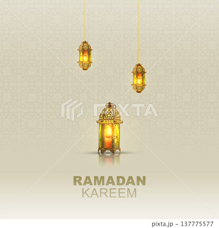 Elegant Ramadan Kareem background featuring three glowing traditional gold lanterns over a subtle geometric pattern. Perfect for Islamic holiday greetings and banners 137775577