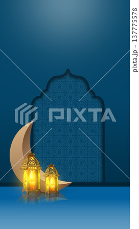 An elegant blue background featuring glowing traditional lanterns, a large crescent moon, and an intricate Islamic geometric pattern in an arched window frame for Ramadan celebrations 137775578