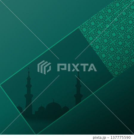 A minimalist teal green background featuring a tilted frame with a dark mosque silhouette, minarets, and dome, accented by an intricate Islamic geometric pattern in the upper corner 137775590