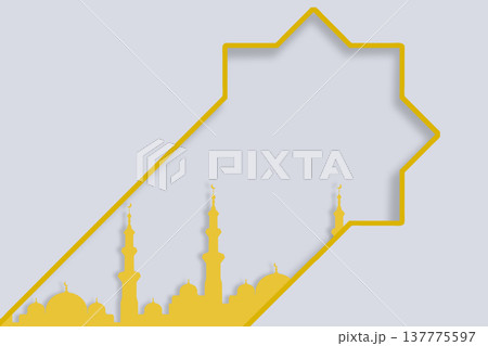 Minimalist graphic featuring a golden mosque skyline with minarets and domes, framed by a stylized eight-pointed star border on a light gray background, perfect for Ramadan or Eid greetings Minimalist graphic featuring a golden mosque skyline with minarets and domes, framed by a stylized eight-pointed star border on a light gray background, perfect for Ramadan or Eid greetings 137775597