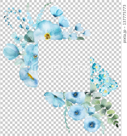 Watercolor floral square frame with turquoise flowers, botanical element for wedding stationery 137775773