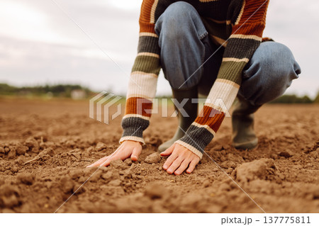 Close up of the female hands touching dry ground in an agricultural field while analyzing soil Close up of the female hands touching dry ground in an agricultural field while analyzing soil 137775811