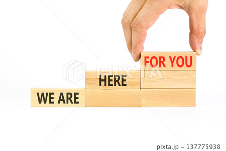 Support, help and we are here for you symbol. Concept words We are here for you on beautiful blocks. Beautiful white background. Businessman's hand. Business we are here for you concept. Copy space. 137775938