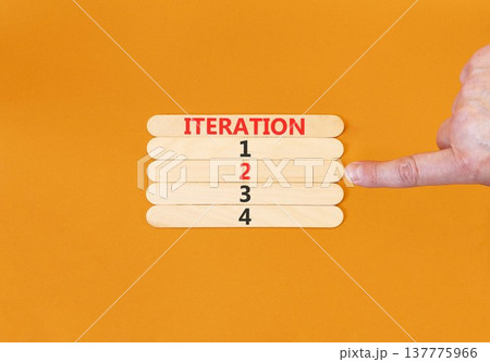Time to iteration 2 symbol. Concept word Iteration 1 2 3 4 on beautiful wooden sticks. Businessman's hand. Beautiful orange background. Business planning and time to iteration 2 concept. Copy space. Time to iteration 2 symbol. Concept word Iteration 1 2 3 4 on beautiful wooden sticks. Businessman's hand. Beautiful orange background. Business planning and time to iteration 2 concept. Copy space. 137775966