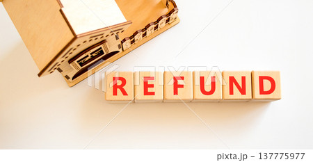 Refund word symbol. Concept word Refund on beautiful wooden blocks. Beautiful white background. Beautiful wooden model of house. Business word refund concept. Copy space. 137775977