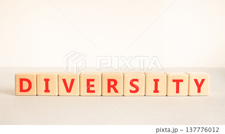 Diversity symbol. Concept words Diversity on beautiful wooden blocks. Beautiful white and grey background. Business support diversity DEI concept. Copy space. 137776012