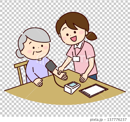 シニア女性の血圧を測る看護師 シニア女性の血圧を測る看護師 137776237