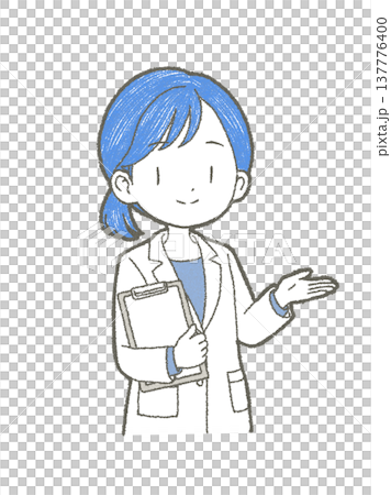 手繪插圖，描繪了一位身穿白大褂的女性醫務人員，她手裡拿著一個裝有文件的文件夾。 137776400