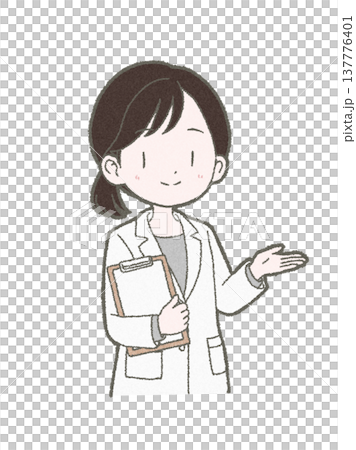 手繪插圖，描繪了一位身穿白大褂的女性醫務人員，她手裡拿著一個裝有文件的文件夾。 137776401