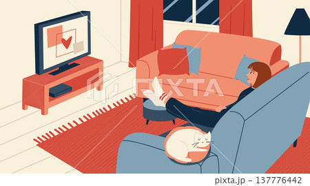 oung woman relaxing on sofa and watching TV at home, girl chilling in living room with a cat, cozy evening domestic interior oung woman relaxing on sofa and watching TV at home, girl chilling in living room with a cat, cozy evening domestic interior 137776442