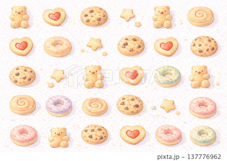 スイーツシリーズ：クッキーが規則正しく並ぶ俯瞰背景 137776962